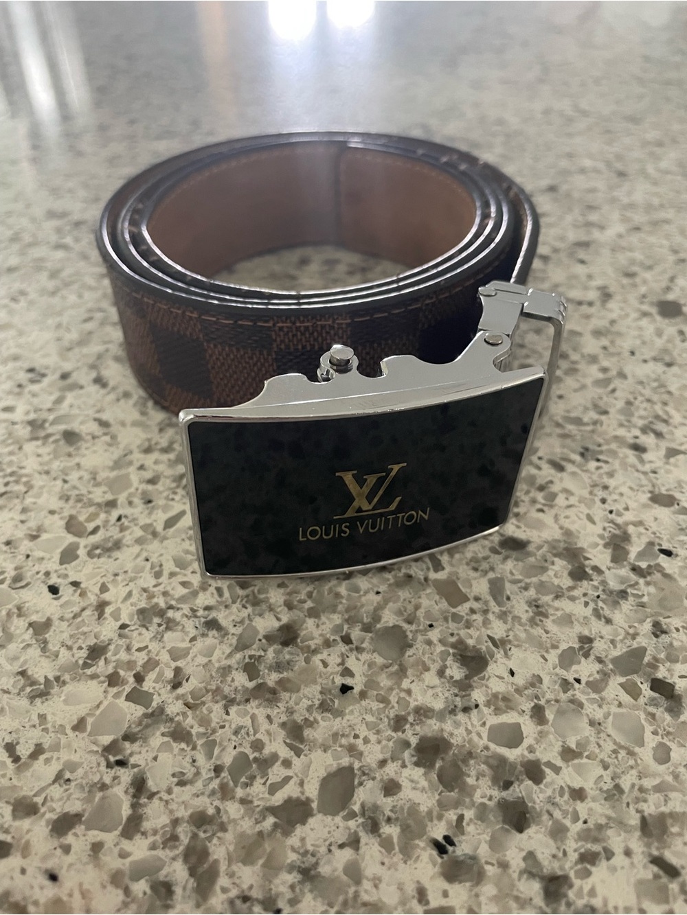 Louis Vuitton Brown Check Canvas Men’s Belt with Gold LV Buckle